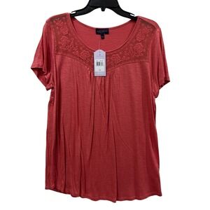 Artesia Women's Coral Lace Yoke Pleated Detail Short Sleeve‎ Top Size L